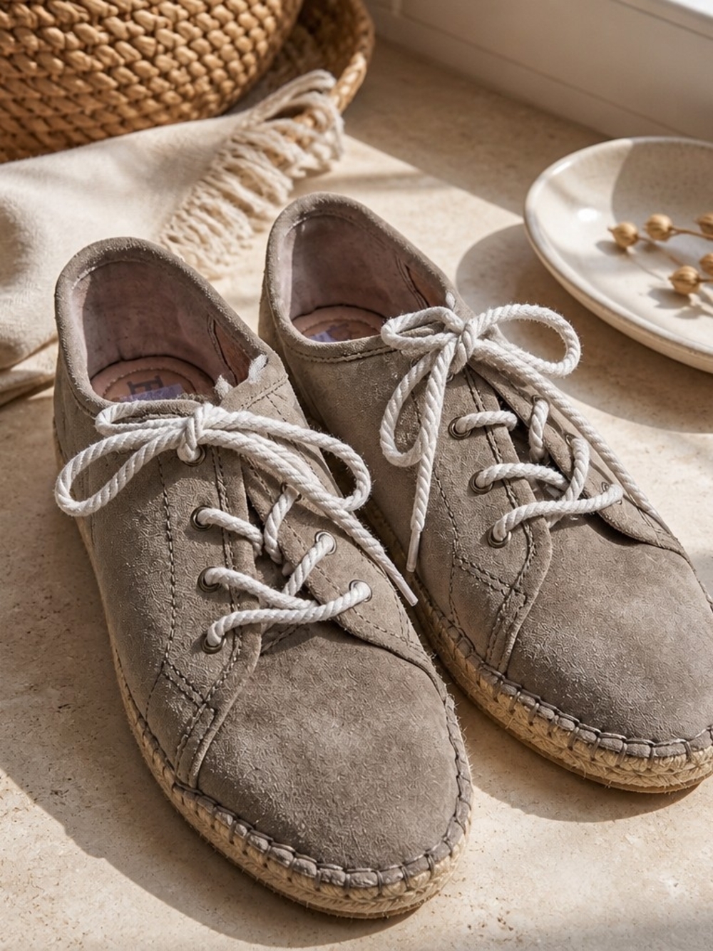 Born Taupe Suede Espadrille Sneakers with White Rope Laces